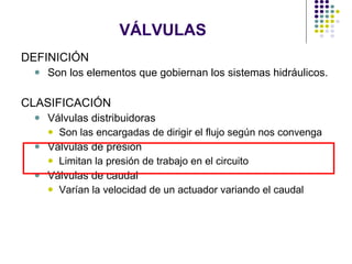 VÁLVULAS DEFINICIÓN Son los elementos que gobiernan los sistemas hidráulicos. CLASIFICACIÓN Válvulas distribuidoras Son las encargadas de dirigir el flujo según nos convenga Válvulas de presión Limitan la presión de trabajo en el circuito  Válvulas de caudal Varían la velocidad de un actuador variando el caudal 