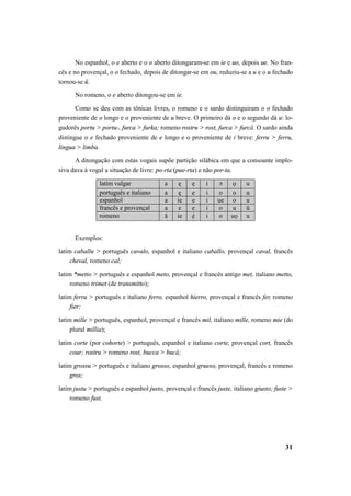 No espanhol, o e aberto e o o aberto ditongaram-se em ie e uo, depois ue. No fran-cês 
e no provençal, o o fechado, depois de ditongar-se em ou, reduziu-se a u e o u fechado 
31 
tornou-se ü. 
No romeno, o e aberto ditongou-se em ie. 
Como se deu com as tônicas livres, o romeno e o sardo distinguiram o o fechado 
proveniente de o longo e o proveniente de u breve. O primeiro dá o e o segundo dá u: lo-gudorês 
portu > portu-, furca > furka; romeno rostru > rost, furca > furcă. O sardo ainda 
distingue o e fechado proveniente de e longo e o proveniente de i breve: ferru > ferru, 
lingua > limba. 
A ditongação com estas vogais supõe partição silábica em que a consoante implo-siva 
dava à vogal a situação de livre: po-rta (pue-rta) e não por-ta. 
latim vulgar a ę ẹ i • ọ u 
português e italiano a ę e i o o u 
espanhol a ie e i ue o u 
francês e provençal a e e i o u ü 
romeno ă ie é7 i o uo7 u 
Exemplos: 
latim caballu > português cavalo, espanhol e italiano caballo, provençal caval, francês 
cheval, romeno cal; 
latim *metto > português e espanhol meto, provençal e francês antigo met, italiano metto, 
romeno trimet (de transmitto); 
latim ferru > português e italiano ferro, espanhol hierro, provençal e francês fer, romeno 
fier; 
latim mille > português, espanhol, provençal e francês mil, italiano mille, romeno mie (do 
plural millia); 
latim corte (por cohorte) > português, espanhol e italiano corte, provençal cort, francês 
cour; rostru > romeno rost, bucca > bucă; 
latim grossu > português e italiano grosso, espanhol grueso, provençal, francês e romeno 
gros; 
latim justu > português e espanhol justo, provençal e francês juste, italiano giusto; fuste > 
romeno fust. 
 
