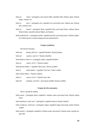 latim ny vinea > português e provençal vinha, espanhol viña, italiano vigna, francês 
45 
vigne, romeno vie; 
latim ry area > português eira, espanhol era, provençal aira, italiano aja, francês 
aire, romeno arie; 
latim sy basiat > português beija, espanhol besa, provençal baisa, italiano bacia, 
francês baise, macedo-romeno băşare, de basiare; 
latim prehensione > português prisão, espanhol prisión, provençal prezó, italiano prigio-ne, 
francês prison, romeno antigo presoare (prisioneiro). 
Grupos românicos 
Provêm de síncopes. 
latim mn femina, fem’na > espanhol hembra, francês femme; 
latim mr camera, cam’ra > francês chambre; 
latim humeru, hum’ru > português ombro, espanhol hombro. 
latim nr cinere, cin’re > francês cendre; 
latim ponere habeo > espanhol *pon’rayo, *ponré, pondré; 
latim lr salire habeo > espanhol *sal’raio, *salré, saldré; 
latim valere habeo > francês vaudrai; 
latim sr essere, ess’re > francês estre, être; 
latim ml simulare, sim’lare > provençal semblar, francês sembler 
Grupos de três consoantes 
Dá-se a queda da medial: 
latim anxia > português ânsia, espanhol e italiano ansia, provençal aisa, francês antigo 
ainse; 
latim masticare, mast’care > português e espanhol mascar, francês mâcher; 
latim vendicare, vend’care > português vingar, espanhol vingar, provençal venjar, francês 
venger; 
latim sanctu > português, espanhol e italiano santo, provençal e francês saint, romeno an-tigo 
sânt. 
 