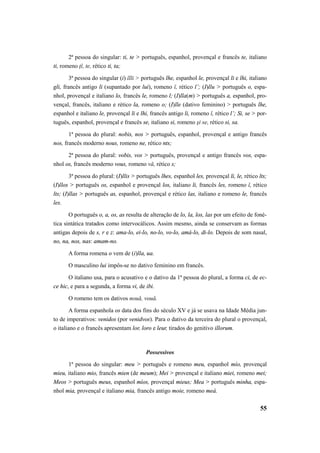 2ª pessoa do singular: ti, te > português, espanhol, provençal e francês te, italiano 
55 
ti, romeno ţĭ, te, rético ti, ta; 
3ª pessoa do singular (i) ĭlli > português lhe, espanhol le, provençal li e lhi, italiano 
gli, francês antigo li (supantado por lui), romeno ĭ, rético l’; (I)llu > português o, espa-nhol, 
provençal e italiano lo, francês le, romeno l; (I)lla(m) > português a, espanhol, pro-vençal, 
francês, italiano e rético la, romeno o; (I)lle (dativo feminino) > português lhe, 
espanhol e italiano le, provençal li e lhi, francês antigo li, romeno ĭ, rético l’; Si, se > por-tuguês, 
espanhol, provençal e francês se, italiano si, romeno şi se, rético si, sa. 
1ª pessoa do plural: nobis, nos > português, espanhol, provençal e antigo francês 
nos, francês moderno nous, romeno ne, rético nts; 
2ª pessoa do plural: vobis, vos > português, provençal e antigo francês vos, espa-nhol 
os, francês moderno vous, romeno vă, rético s; 
3ª pessoa do plural: (I)llis > português lhes, espanhol les, provençal li, le, rético lts; 
(I)llos > português os, espanhol e provençal los, italiano li, francês les, romeno ĭ, rético 
lts; (I)llas > português as, espanhol, provençal e rético las, italiano e romeno le, francês 
les. 
O português o, a, os, as resulta de alteração de lo, la, los, las por um efeito de foné-tica 
sintática tratados como intervocálicos. Assim mesmo, ainda se conservam as formas 
antigas depois de s, r e z: ama-lo, ei-lo, no-lo, vo-lo, amá-lo, di-lo. Depois de som nasal, 
no, na, nos, nas: amam-no. 
A forma romena o vem de (i)lla, ua. 
O masculino lui impôs-se no dativo feminino em francês. 
O italiano usa, para o acusativo e o dativo da 1ª pessoa do plural, a forma ci, de ec-ce 
hic, e para a segunda, a forma vi, de ibi. 
O romeno tem os dativos nouă, vouă. 
A forma espanhola os data dos fins do século XV e já se usava na Idade Média jun-to 
de imperativos: venidos (por venidvos). Para o dativo da terceira do plural o provençal, 
o italiano e o francês apresentam lor, loro e leur, tirados do genitivo illorum. 
Possessivos 
1ª pessoa do singular: meu > português e romeno meu, espanhol mío, provençal 
mieu, italiano mio, francês mien (de meum); Mei > provençal e italiano miei, romeno mei; 
Meos > português meus, espanhol míos, provençal mieus; Mea > português minha, espa-nhol 
mia, provençal e italiano mia, francês antigo moie, romeno meà. 
 