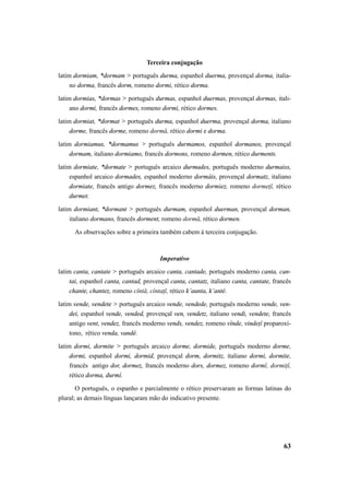 63 
Terceira conjugação 
latim dormiam, *dormam > português durma, espanhol duerma, provençal dorma, italia-no 
dorma, francês dorm, romeno dormi, rético dorma. 
latim dormias, *dormas > português durmas, espanhol duermas, provençal dormas, itali-ano 
dormi, francês dormes, romeno dormi, rético dormes. 
latim dormiat, *dormat > português durma, espanhol duerma, provençal dorma, italiano 
dorme, francês dorme, romeno dormă, rético dormi e dorma. 
latim dormiamus, *dormamus > português durmamos, espanhol dormanos, provençal 
dormam, italiano dormiamo, francês dormons, romeno dormen, rético durments. 
latim dormiate, *dormate > português arcaico durmades, português moderno durmaiss, 
espanhol arcaico dormades, espanhol moderno dormáis, provençal dormatz, italiano 
dormiate, francês antigo dormez, francês moderno dormiez, romeno dormeţĭ, rético 
durmet. 
latim dormiant, *dormant > português durmam, espanhol duerman, provençal dorman, 
italiano dormano, francês dorment, romeno dormă, rético dormen. 
As observações sobre a primeira também cabem à terceira conjugação. 
Imperativo 
latim canta, cantate > português arcaico canta, cantade, português moderno canta, can-tai, 
espanhol canta, cantad, provençal canta, cantatz, italiano canta, cantate, francês 
chante, chantez, romeno cîntă, cîntaţĭ, rético k’aunta, k’anté. 
latim vende, vendete > português arcaico vende, vendede, português moderno vende, ven-dei, 
espanhol vende, vended, provençal ven, vendetz, italiano vendi, vendete, francês 
antigo vent, vendez, francês moderno vends, vendez, romeno vînde, vindeţĭ proparoxí-tono, 
rético venda, vandé. 
latim dormi, dormite > português arcaico dorme, dormide, português moderno dorme, 
dormi, espanhol dormi, dormid, provençal dorm, dormitz, italiano dormi, dormite, 
francês antigo dor, dormez, francês moderno dors, dormez, romeno dormĭ, dormiţĭ, 
rético dorma, durmí. 
O português, o espanho e parcialmente o rético preservaram as formas latinas do 
plural; as demais línguas lançaram mão do indicativo presente. 
 
