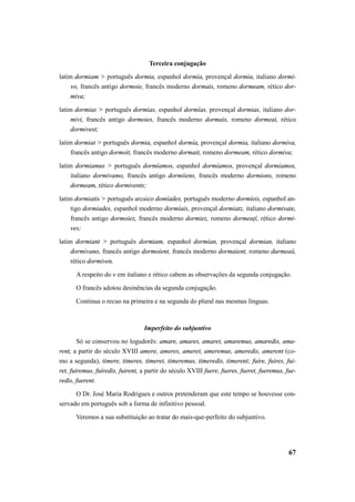 67 
Terceira conjugação 
latim dormiam > português dormia, espanhol dormía, provençal dormia, italiano dormi-vo, 
francês antigo dormoie, francês moderno dormais, romeno dormeam, rético dor-miva; 
latim dormias > português dormias, espanhol dormías, provençal dormias, italiano dor-mivi, 
francês antigo dormoies, francês moderno dormais, romeno dormeai, rético 
dormivest; 
latim dormiat > português dormia, espanhol dormía, provençal dormia, italiano dormiva, 
francês antigo dormoit, francês moderno dormait, romeno dormeam, rético dormiva; 
latim dormiamus > português dormíamos, espanhol dormíamos, provençal dormiamos, 
italiano dormivamo, francês antigo dormiiens, francês moderno dormions, romeno 
dormeam, rético dormivents; 
latim dormiatis > português arcaico domíades, português moderno dormíeis, espanhol an-tigo 
dormiades, espanhol moderno dormíais, provençal dormiatz, italiano dormivate, 
francês antigo dormoiez, francês moderno dormiez, romeno dormeaţĭ, rético dormi-ves; 
latim dormiant > português dormiam, espanhol dormían, provençal dormian, italiano 
dormivano, francês antigo dormoient, francês moderno dormaient, romeno durmeaŭ, 
rético dormiven. 
A respeito do v em italiano e rético cabem as observações da segunda conjugação. 
O francês adotou desinências da segunda conjugação. 
Continua o recuo na primeira e na segunda do plural nas mesmas línguas. 
Imperfeito do subjuntivo 
Só se conservou no logudorês: amare, amares, amaret, amaremus, amaredis, ama-rent, 
a partir do século XVIII amere, ameres, ameret, ameremus, ameredis, amerent (co-mo 
a segunda), timere, timeres, timeret, timeremus, timeredis, timerent; fuire, fuires, fui-ret, 
fuiremus, fuiredis, fuirent, a partir do século XVIII fuere, fueres, fueret, fueremus, fue-redis, 
fuerent. 
O Dr. José Maria Rodrigues e outros pretenderam que este tempo se houvesse con-servado 
em português sob a forma de infinitivo pessoal. 
Veremos a sua substituição ao tratar do mais-que-perfeito do subjuntivo. 
 