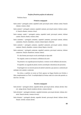 68 
Perfeito [Pretérito perfeito do indicativo] 
Perfeitos fracos 
Primeira conjugação 
latim cantai > português cantei, espanhol canté, provençal cantei, italiano cantai, francês 
chantai, romeno cîntaĭ; 
latim cantasti > português cantaste, espanhol cantaste, provençal cantest, italiano cantas-ti, 
francês chantas, romeno cîntaşĭ; 
latim cantaut, cantát > português cantou, espanhol cantó, provençal cantest, italiano 
cantaò, francês chanta, romeno cîntâ; 
latim cantamus > português cantamus, espanhol cantamos, provençal cantem, italiano 
cantammo, francês chantâmes, romeno cîntam depois cîntarăm; 
latim cantastis > português cantastes, espanhol cantasteis, provençal cantetz, italiano 
cantaste, francês chantâtes, romeno cîntasţĭ depois cîntarăţĭ; 
latim cantarunt > português cantaram, espanhol cantaron, provençal canteron, italiano 
cantarono, francês chantèrent, romeno cîntară. 
O e das formas provençais revela assimilação ao tipo dedi. 
No singular, sente-se em francês a influência de avoir. 
Na primeira e na segunda pessoa do plural, o romeno revela influência da terceira. 
O espanhol, na segunda do plural, mostra assimilação à desinência dos presentes. 
O português teve na terceira pessoa do plural cantarom, que passou a cantaram por 
analogia com cantam e cantavam. 
Em rético, o perfeito só existe no Friul; aparece na língua literária nos Grisões e 
falta completamente no Tirol. A multiplicidade de formas onde ele existe não permite re-duzi- 
las a um tipo. 
Terceira conjugação 
latim dormii > português dormi, espanhol dormí, provençal dormi, italiano dormii, fran-cês 
antigo dormi, francês moderno dormis, romeno dormii; 
latim dormisti > português dormiste, espanhol dormiste, provençal dormist, italiano dor-misti, 
francês dormis, romeno dormişĭ; 
latim dormiut > português dormiu, espanhol dormió, provençal dormit, italiano dormi, 
francês dormit, romeno dormì; 
 