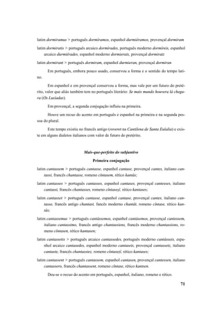 latim dormiramus > português dormíramos, espanhol durmiéramos, provençal dormiram 
latim dormiratis > português arcaico dormírades, português moderno dormíreis, espanhol 
71 
arcaico durmiérades, espanhol moderno dormierais, provençal dormiratz 
latim dormirant > português dormiram, espanhol durmieran, provençal dormiran 
Em português, embora pouco usado, conservou a forma e o sentido do tempo lati-no. 
Em espanhol e em provençal conservou a forma, mas vale por um futuro do preté-rito, 
valor que aliás também tem no português literário: Se mais mundo houvera lá chega-ra 
(Os Lusíadas). 
Em provençal, a segunda conjugação influiu na primeira. 
Houve um recuo do acento em português e espanhol na primeira e na segunda pes-soa 
do plural. 
Este tempo existiu no francês antigo (roveret na Cantilena de Santa Eulalia) e exis-te 
em alguns dialetos italianos com valor de futuro do pretérito. 
Mais-que-perfeito do subjuntivo 
Primeira conjugação 
latim cantassem > português cantasse, espanhol cantase, provençal cantes, italiano can-tassi, 
francês chantasse, romeno cîntasem, rético kantás; 
latim cantasses > português cantasses, espanhol cantases, provençal cantesses, italiano 
cantassi, francês chantasses, romeno cîntaseşĭ, rético kantases; 
latim cantasset > português cantasse, espanhol cantase, provençal cantes, italiano can-tasse, 
francês antigo chantast, fancês moderno chantât, romeno cîntase, rético kan-tás; 
latim cantassemus > português cantássemos, espanhol cantásemos, provençal cantessem, 
italiano cantassimo, francês antigo chantassiens, francês moderno chantassions, ro-meno 
cîntasen, rético kantasen; 
latim cantassetis > português arcaico cantassedes, português moderno cantásseis, espa-nhol 
arcaico cantasedes, espanhol moderno cantaseis, provençal cantassetz, italiano 
cantaste, francês chantassiez, romeno cîntaseţĭ, rético kantases; 
latim cantassent > português cantassem, espanhol cantasen, provençal cantessen, italiano 
cantassero, francês chantassent, romeno cîntase, rético kantsen. 
Deu-se o recuo do acento em português, espanhol, italiano, romeno e rético. 
 