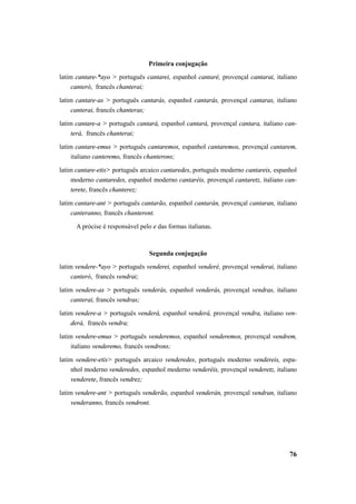 76 
Primeira conjugação 
latim cantare-*ayo > português cantarei, espanhol cantaré, provençal cantarai, italiano 
canterò, francês chanterai; 
latim cantare-as > português cantarás, espanhol cantarás, provençal cantaras, italiano 
canterai, francês chanteras; 
latim cantare-a > português cantará, espanhol cantará, provençal cantara, italiano can-terà, 
francês chanterai; 
latim cantare-emus > português cantaremos, espanhol cantaremos, provençal cantarem, 
italiano canteremo, francês chanterons; 
latim cantare-etis> português arcaico cantaredes, português moderno cantareis, espanhol 
moderno cantaredes, espanhol moderno cantaréis, provençal cantaretz, italiano can-terete, 
francês chanterez; 
latim cantare-ant > português cantarão, espanhol cantarán, provençal cantaran, italiano 
canteranno, francês chanteront. 
A prócise é responsável pelo e das formas italianas. 
Segunda conjugação 
latim vendere-*ayo > português venderei, espanhol venderé, provençal venderai, italiano 
canterò, francês vendrai; 
latim vendere-as > português venderás, espanhol venderás, provençal vendras, italiano 
canterai, francês vendras; 
latim vendere-a > português venderá, espanhol venderá, provençal vendra, italiano ven-derà, 
francês vendra; 
latim vendere-emus > português venderemos, espanhol venderemos, provençal vendrem, 
italiano venderemo, francês vendrons; 
latim vendere-etis> português arcaico venderedes, português moderno vendereis, espa-nhol 
moderno venderedes, espanhol moderno venderéis, provençal venderetz, italiano 
venderete, francês vendrez; 
latim vendere-ant > português venderão, espanhol venderán, provençal vendran, italiano 
venderanno, francês vendront. 
 