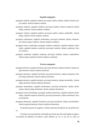 78 
Segunda conjugação 
português venderia, espanhol vendería, provençal vendria, italiano venderei, francês anti-go 
vendrois, francês moderno vendrais; 
português venderias, espanhol venderías, provençal vendrias, italiano venderesti, francês 
antigo vendroies, francês moderno vendrais; 
português venderia, espanhol vendería, provençal vendria, italiano venderebbe, francês 
antigo vendroit, francês moderno vendrait; 
português venderíamos, espanhol venderíamos, provençal vendriam, italiano venderem-mo, 
francês antigo vendriens, francês moderno vendrions; 
português arcaico venderíades, português moderno venderíeis, espanhol moderno vende-riades, 
espanhol moderno venderíeis, provençal vendriatz, italiano vendereste, fran-cês 
vendriez; 
português venderiam, espanhol venderían, provençal vendrian, italiano venderebbero, 
francês antigo vendroient, francês moderno vendraient. 
Terceira conjugação 
português dormiria, espanhol dormiría, provençal dormiria, italiano dormirei, francês an-tigo 
dormirois, francês moderno dormirais; 
português dormirias, espanhol dormirías, provençal dormirias, italiano dormiresti, fran-cês 
antigo dormiroies, francês moderno dormirais; 
português dormiria, espanhol dormiría, provençal dormiria, italiano dormirebbe, francês 
antigo dormiroit, francês moderno dormirait; 
português dormiríamos, espanhol dormiríamos, provençal dormiriam, italiano dormi-remmo, 
francês antigo dormiriens, francês moderno dormirions; 
português arcaico dormiríades, português moderno dormiríeis, espanhol moderno dormi-riades, 
espanhol moderno dormiríeis, provençal dormiriatz, italiano dormireste, fran-cês 
dormiriez; 
português dormiriam, espanhol dormirían, provençal dormirian, italiano dormirebbero, 
francês antigo dormiroient, francês moderno dormiraient. 
Na primeira pessoa do singular, o italiano apresenta desinência de um perfeito fra-co. 
O romeno usa uma perífrase constituída por formas que têm sido ligadas ao grego e 
ao presente do indicativo de habere e pelo infinitivo as, aĭ, ar, am, aţĭ, ar cînta, ou 
 