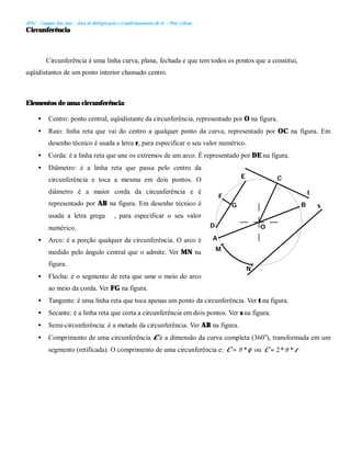 IFSC - Campus São José – Área de Refrigeração e Condicionamento de Ar – Prof. Gilson
Circunferência
Circunferência é uma linha curva, plana, fechada e que tem todos os pontos que a constitui,
eqüidistantes de um ponto interior chamado centro.
Elementos de uma circunferência:
• Centro: ponto central, eqüidistante da circunferência, representado por O na figura.
• Raio: linha reta que vai do centro a qualquer ponto da curva, representado por OC na figura. Em
desenho técnico é usada a letra r, para especificar o seu valor numérico.
• Corda: é a linha reta que une os extremos de um arco. É representado por DE na figura.
• Diâmetro: é a linha reta que passa pelo centro da
circunferência e toca a mesma em dois pontos. O
diâmetro é a maior corda da circunferência e é
representado por AB na figura. Em desenho técnico é
usada a letra grega ∅, para especificar o seu valor
numérico.
• Arco: é a porção qualquer da circunferência. O arco é
medido pelo ângulo central que o admite. Ver MN na
figura.
• Flecha: é o segmento de reta que ume o meio do arco
ao meio da corda. Ver FG na figura.
• Tangente: é uma linha reta que toca apenas um ponto da circunferência. Ver t na figura.
• Secante: é a linha reta que corta a circunferência em dois pontos. Ver s na figura.
• Semi-circunferência: é a metade da circunferência. Ver AB na figura.
• Comprimento de uma circunferência C é a dimensão da curva completa (360o
), transformada em um
segmento (retificada). O comprimento de uma circunferência e: φ
π *
=
C ou r
C *
*
2 π
=
C
D
F
G
E
t
s
B
N
M
O
A
 