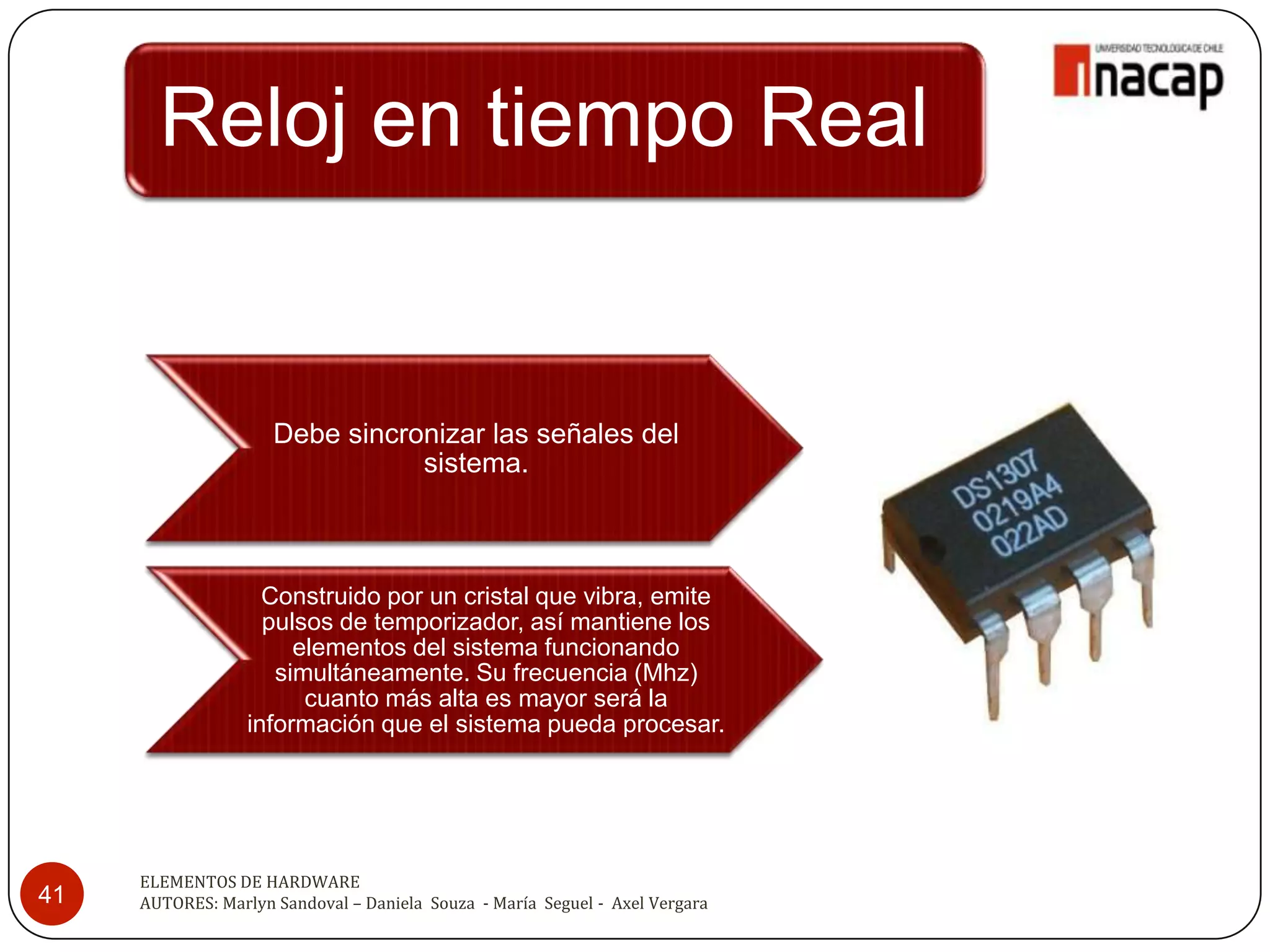 Reloj en tiempo Real


                     Debe sincronizar las señales del
                                sistema.



                    Construido por un cristal que vibra, emite
                    pulsos de temporizador, así mantiene los
                       elementos del sistema funcionando
                     simultáneamente. Su frecuencia (Mhz)
                        cuanto más alta es mayor será la
                  información que el sistema pueda procesar.




     ELEMENTOS DE HARDWARE
41   AUTORES: Marlyn Sandoval – Daniela Souza - María Seguel - Axel Vergara
 