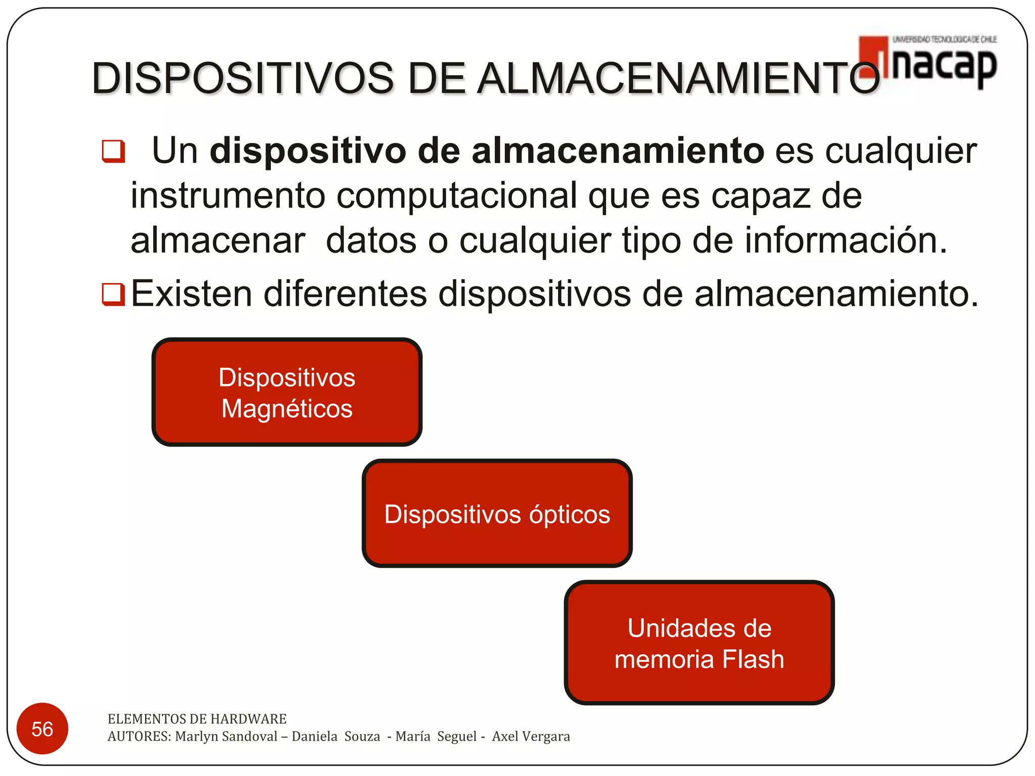 DISPOSITIVOS DE ALMACENAMIENTO
      Un dispositivo de almacenamiento es cualquier
       instrumento computacional que es capaz de
       almacenar datos o cualquier tipo de información.
      Existen diferentes dispositivos de almacenamiento.

                     Dispositivos
                     Magnéticos



                                              Dispositivos ópticos



                                                                               Unidades de
                                                                              memoria Flash

     ELEMENTOS DE HARDWARE
56   AUTORES: Marlyn Sandoval – Daniela Souza - María Seguel - Axel Vergara
 