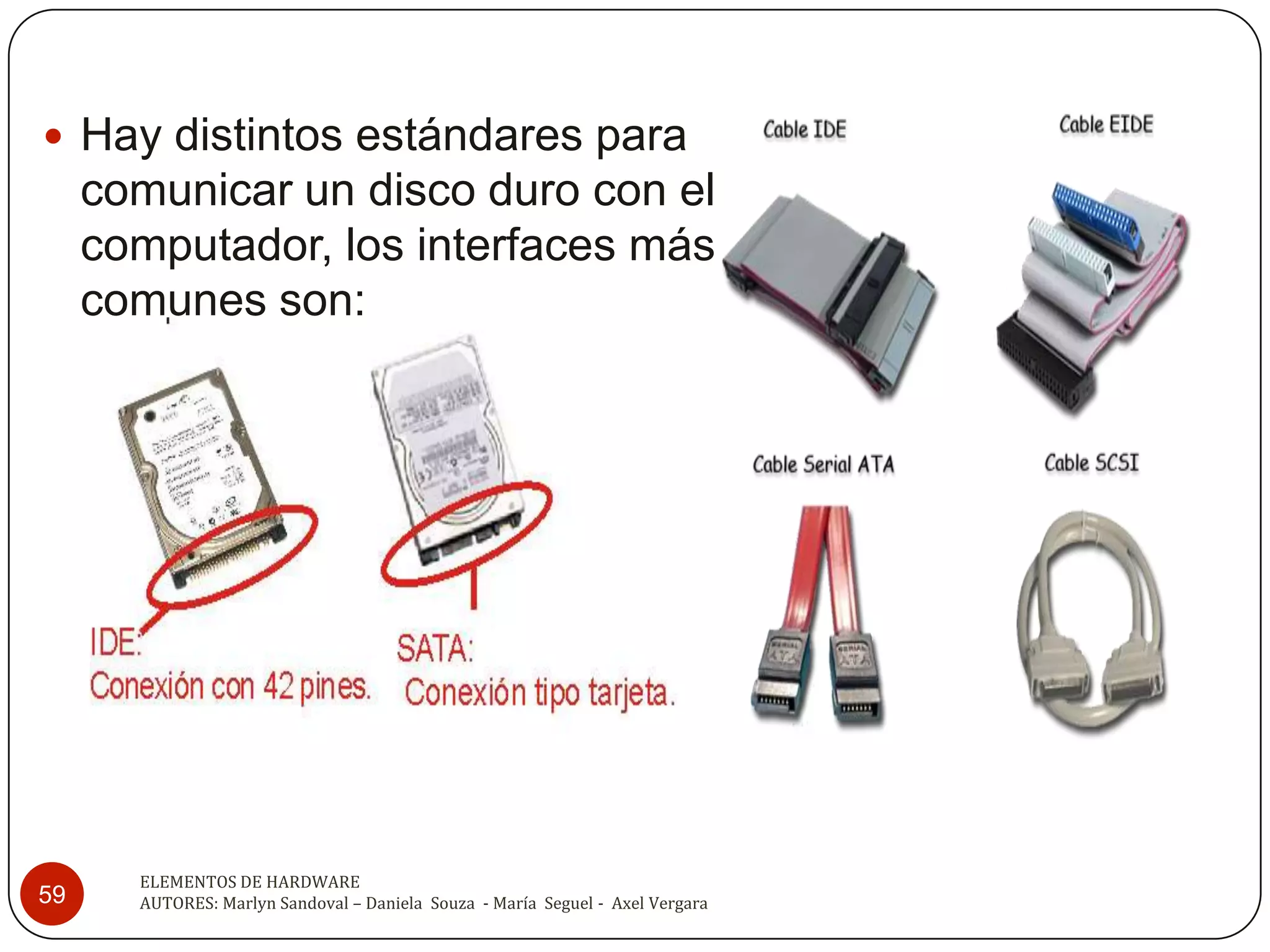  Hay distintos estándares para
     comunicar un disco duro con el
     computador, los interfaces más
     comunes son:




       ELEMENTOS DE HARDWARE
59     AUTORES: Marlyn Sandoval – Daniela Souza - María Seguel - Axel Vergara
 