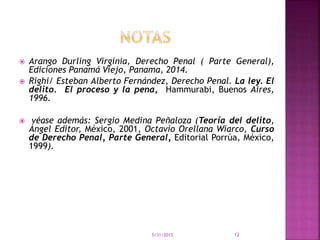  Arango Durling Virginia, Derecho Penal ( Parte General),
Ediciones Panamá Viejo, Panama, 2014.
 Righi/ Esteban Alberto Fernández, Derecho Penal. La ley. El
delito. El proceso y la pena, Hammurabi, Buenos Aires,
1996.
 véase además: Sergio Medina Peñaloza (Teoría del delito,
Ángel Editor, México, 2001, Octavio Orellana Wiarco, Curso
de Derecho Penal, Parte General, Editorial Porrúa, México,
1999).
5/31/2015 12
 