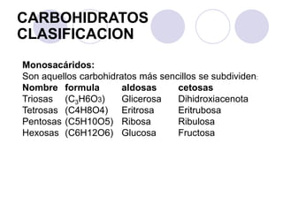 CARBOHIDRATOS
CLASIFICACION
Monosacáridos:
Son aquellos carbohidratos más sencillos se subdividen:
Nombre formula aldosas cetosas
Triosas (C3H6O3) Glicerosa Dihidroxiacenota
Tetrosas (C4H8O4) Eritrosa Eritrubosa
Pentosas (C5H10O5) Ribosa Ribulosa
Hexosas (C6H12O6) Glucosa Fructosa
 