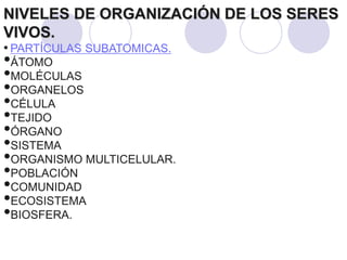 NIVELES DE ORGANIZACIÓN DE LOS SERES
VIVOS.
• PARTÍCULAS SUBATOMICAS.
•ÁTOMO
•MOLÉCULAS
•ORGANELOS
•CÉLULA
•TEJIDO
•ÓRGANO
•SISTEMA
•ORGANISMO MULTICELULAR.
•POBLACIÓN
•COMUNIDAD
•ECOSISTEMA
•BIOSFERA.
 