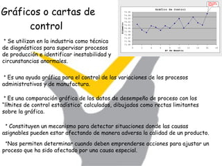 Gráficos o cartas de control   *  Se utilizan en la industria como técnica de diagnósticos para supervisar procesos de producción e identificar inestabilidad y circunstancias anormales. *  Es una ayuda gráfica para el control de las variaciones de los procesos administrativos y de manufactura.   *  Es una comparación gráfica de los datos de desempeño de proceso con los “límites de control estadístico” calculados, dibujados como rectas limitantes sobre la gráfica . *  Constituyen un mecanismo para detectar situaciones donde las causas asignables pueden estar afectando de manera adversa la calidad de un producto. * * Nos permiten determinar cuando deben emprenderse acciones para ajustar un proceso que ha sido afectado por una causa especial. 