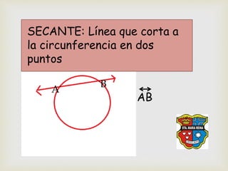 SECANTE: Línea que corta a
la circunferencia en dos
puntos
▪
▪
A
B
AB
 
