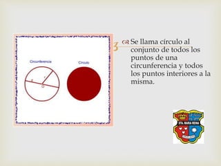   Se llama círculo al
conjunto de todos los
puntos de una
circunferencia y todos
los puntos interiores a la
misma.
 
