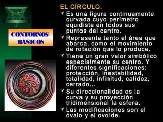 CONTORNOS
BÁSICOS
EL CÍRCULO:
 Es una figura continuamente
curvada cuyo perímetro
equidista en todos sus
puntos del centro.
 Representa tanto el área que
abarca, como el movimiento
de rotación que lo produce.
 Tiene un gran valor simbólico
especialmente su centro. Y
diferentes significaciones:
protección, inestabilidad,
totalidad, infinitud, calidez,
cerrado...
 Su direccionalidad es la
curva y su proyección
tridimensional la esfera.
 Las modificaciones son el
óvalo y el ovoide.
 