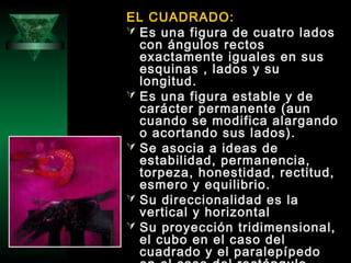 EL CUADRADO:
 Es una figura de cuatro lados
con ángulos rectos
exactamente iguales en sus
esquinas , lados y su
longitud.
 Es una figura estable y de
carácter permanente (aun
cuando se modifica alargando
o acortando sus lados).
 Se asocia a ideas de
estabilidad, permanencia,
torpeza, honestidad, rectitud,
esmero y equilibrio.
 Su direccionalidad es la
vertical y horizontal
 Su proyección tridimensional,
el cubo en el caso del
cuadrado y el paralepípedo
 