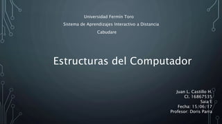 Universidad Fermín Toro
Sistema de Aprendizajes Interactivo a Distancia
Cabudare
Estructuras del Computador
Juan L. Castillo H.
CI. 16867535
Saia E
Fecha: 15/06/17
Profesor: Doris Parra
 