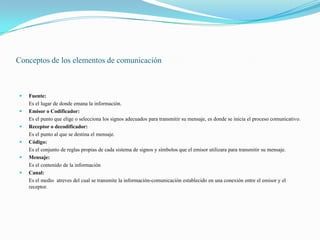 Conceptos de los elementos de comunicación<br />Fuente:<br />	Es el lugar de donde emana la información.<br />Emisor o Cod...