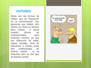 verbales
Estas son las formas de
hablar, que se interponen
en la comunicación. Las
personas que hablan otro
idioma es obvia la barrera
pero incluso a veces
nuestro idioma es
incomprensible, pero
nosotros mismos, ya sea
por diferencia de edad,
clases sociales, nivel de
educación e incluso entre
dos profesionales de
distinto interés , el no
escuchar bien es otro tipo
de barrera verbal.
 