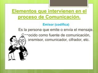 Elementos que intervienen en el
proceso de Comunicación.
Emisor (codifica)
Es la persona que emite o envia el mensaje.
Conocido como fuente de comunicación,
transmisor, comunicador, cifrador, etc.
 