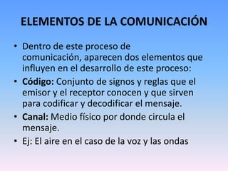 ELEMENTOS DE LA COMUNICACIÓNDentro de este proceso de comunicación, aparecen dos elementos que influyen en el desarrollo de este proceso:Código: Conjunto de signos y reglas que el emisor y el receptor conocen y que sirven para codificar y decodificar el mensaje.Canal: Medio físico por donde circula el mensaje.Ej: El aire en el caso de la voz y las ondas