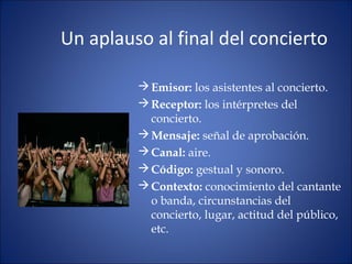 Un aplauso al final del concierto
Emisor: los asistentes al concierto.
Receptor: los intérpretes del
concierto.
Mensaje: señal de aprobación.
Canal: aire.
Código: gestual y sonoro.
Contexto: conocimiento del cantante
o banda, circunstancias del
concierto, lugar, actitud del público,
etc.
 
