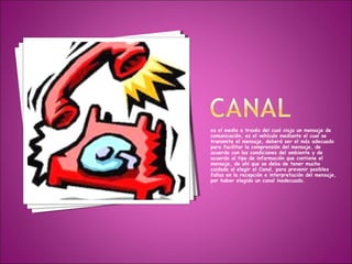 es el medio a través del cual viaja un mensaje de
comunicación, es el vehículo mediante el cual se
transmite el mensaje, deberá ser el más adecuado
para facilitar la comprensión del mensaje, de
acuerdo con las condiciones del ambiente y de
acuerdo al tipo de información que contiene el
mensaje, de ahí que se deba de tener mucho
cuidado al elegir el Canal, para prevenir posibles
fallas en la recepción e interpretación del mensaje,
por haber elegido un canal inadecuado.
.
 