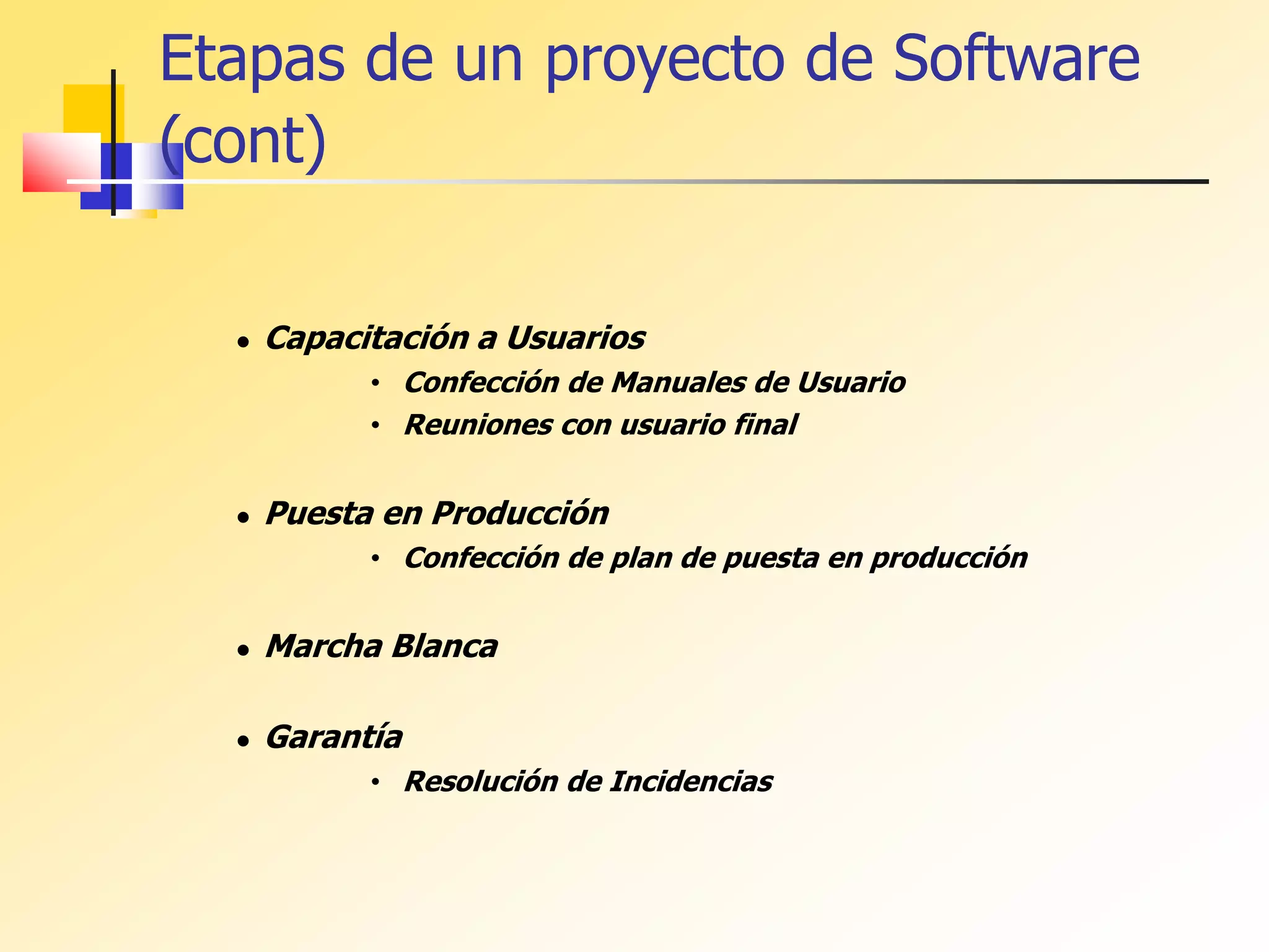 Etapas de un proyecto de Software
(cont)
 Capacitación a Usuarios
• Confección de Manuales de Usuario
• Reuniones con usuario final
 Puesta en Producción
• Confección de plan de puesta en producción
 Marcha Blanca
 Garantía
• Resolución de Incidencias
 