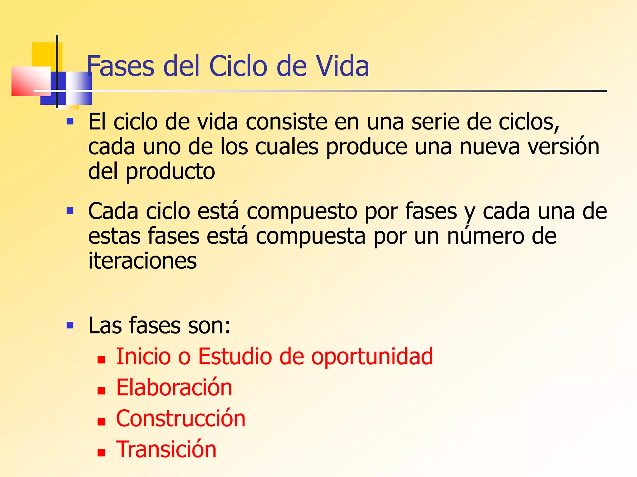 Fases del Ciclo de Vida
 El ciclo de vida consiste en una serie de ciclos,
cada uno de los cuales produce una nueva versión
del producto
 Cada ciclo está compuesto por fases y cada una de
estas fases está compuesta por un número de
iteraciones
 Las fases son:
 Inicio o Estudio de oportunidad
 Elaboración
 Construcción
 Transición
 