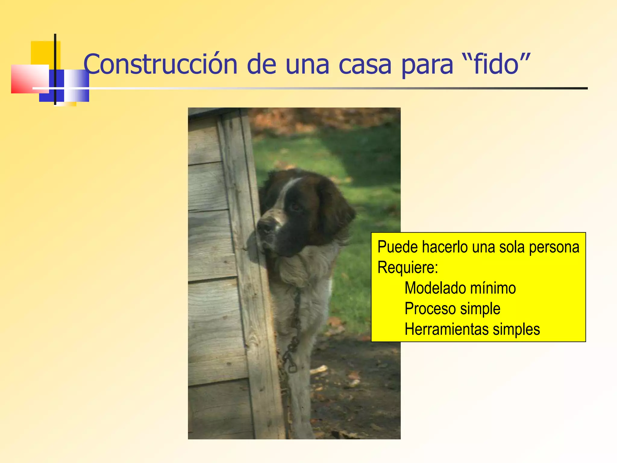 Construcción de una casa para “fido”
Puede hacerlo una sola persona
Requiere:
Modelado mínimo
Proceso simple
Herramientas simples
 