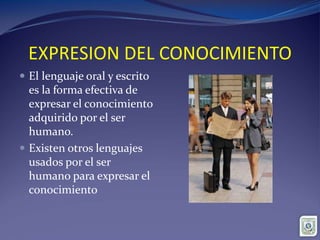 EXPRESION DEL CONOCIMIENTO
 El lenguaje oral y escrito
es la forma efectiva de
expresar el conocimiento
adquirido por el ser
humano.
 Existen otros lenguajes
usados por el ser
humano para expresar el
conocimiento
 