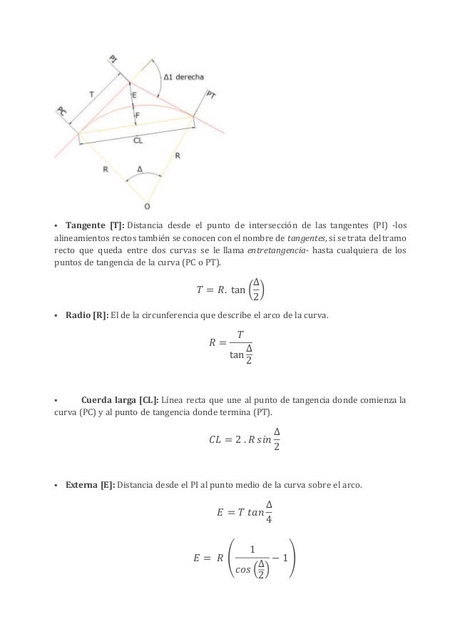  Tangente [T]: Distancia desde el punto de intersección de las tangentes (PI) -los
alineamientos rectos también se conoce...