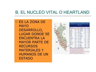 B. EL NUCLEO VITAL O HEARTLAND ES LA ZONA DE MAYO DESARROLLO, LUGAR DONDE SE ENCUENTRA LA MAYOR PARTE DE RECURSOS MATERIALES Y HUMANOS DE UN ESTADO 