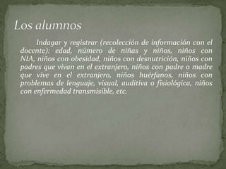 Indagar y registrar (recolección de información con el
docente): edad, número de niñas y niños, niños con
NIA, niños con obesidad, niños con desnutrición, niños con
padres que vivan en el extranjero, niños con padre o madre
que vive en el extranjero, niños huérfanos, niños con
problemas de lenguaje, visual, auditiva o fisiológica, niños
con enfermedad transmisible, etc.
 