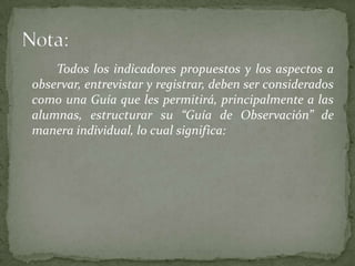 Todos los indicadores propuestos y los aspectos a
observar, entrevistar y registrar, deben ser considerados
como una Guía que les permitirá, principalmente a las
alumnas, estructurar su “Guía de Observación” de
manera individual, lo cual significa:
 