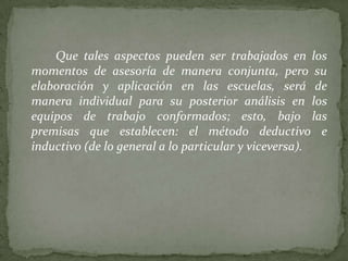 Que tales aspectos pueden ser trabajados en los
momentos de asesoría de manera conjunta, pero su
elaboración y aplicación en las escuelas, será de
manera individual para su posterior análisis en los
equipos de trabajo conformados; esto, bajo las
premisas que establecen: el método deductivo e
inductivo (de lo general a lo particular y viceversa).
 