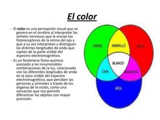 El color-  El color es una percepción visual que se genera en el cerebro al interpretar las señales nerviosas que le envían los fotoreceptores de la retina del ojo y que a su vez interpretan y distinguen las distintas longitudes de onda que captan de la parte visible del espectro electromagnético. - Es un fenómeno físico-químico asociado a las innumerables combinaciones de la luz, relacionado con las diferentes longitudes de onda en la zona visible del espectro electromagnético, que perciben las personas y animales a través de los órganos de la visión, como una sensación que nos permite diferenciar los objetos con mayor precisión.