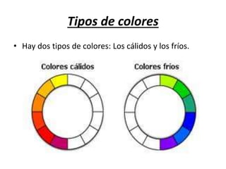 Tipos de colores
• Hay dos tipos de colores: Los cálidos y los fríos.
 