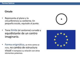 Círculo
• Representa el plano y la
circunferencia su contorno. En
pequeña escala, equivale al punto.
• Tiene límite (el contorno) curvado y
equidistante de un centro
imaginario.
• Forma enigmática, se mire como se
mire, no cambia de estructura
visual ni tampoco su relación con otros
elementos próximos.
Formas básicas
 