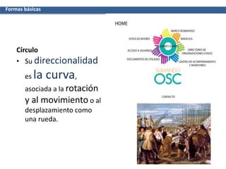 Círculo
• Su direccionalidad
es la curva,
asociada a la rotación
y al movimiento o al
desplazamiento como
una rueda.
Formas básicas
 