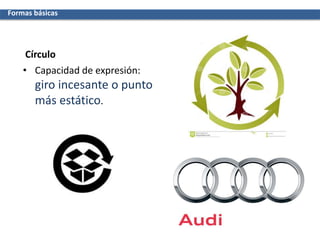 Círculo
• Capacidad de expresión:
giro incesante o punto
más estático.
Formas básicas
 