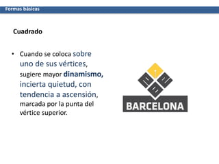 Cuadrado
• Cuando se coloca sobre
uno de sus vértices,
sugiere mayor dinamismo,
incierta quietud, con
tendencia a ascensión,
marcada por la punta del
vértice superior.
Formas básicas
 