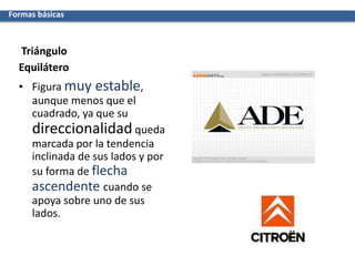 Triángulo
Equilátero
• Figura muy estable,
aunque menos que el
cuadrado, ya que su
direccionalidad queda
marcada por la tendencia
inclinada de sus lados y por
su forma de flecha
ascendente cuando se
apoya sobre uno de sus
lados.
Formas básicas
 
