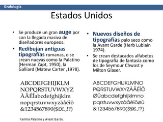 Estados Unidos
• Se produce un gran auge por
con la llegada masiva de
diseñadores europeos.
• Redibujan antiguas
tipografías romanas, o se
crean nuevas como la Palatino
(Herman Zapt, 1950), la
Galliard (Matew Carter ,1978).
• Nuevos diseños de
tipografías palo seco como
la Avant Garde (Herb Lubiain
1974).
• Se crean destacados alfabetos
de tipografía de fantasía como
los de Seymour Chwast y
Milton Glaser.
Grafología
 