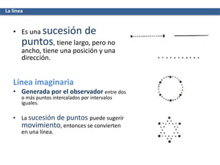 • Es una sucesión de
puntos, tiene largo, pero no
ancho, tiene una posición y una
dirección.
Línea imaginaria
• Generada por el observador entre dos
o más puntos intercalados por intervalos
iguales.
• La sucesión de puntos puede sugerir
movimiento, entonces se convierten
en una línea.
La línea
 