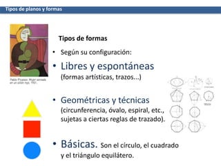 • Según su configuración:
• Libres y espontáneas
(formas artísticas, trazos...)
• Geométricas y técnicas
(circunferencia, óvalo, espiral, etc.,
sujetas a ciertas reglas de trazado).
• Básicas. Son el círculo, el cuadrado
y el triángulo equilátero.
Tipos de planos y formas
Tipos de formas
 