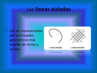 Las líneas aisladas


• son las representadas
  por los trazados
  geométricos más
  simples de rectas y
  curvas.
 