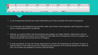  1) Los Fotogramas (frames) que vienen delimitados por líneas verticales (formando rectángulos)
 2) Los Números de Fotograma que permiten saber qué número tiene asignado cada fotograma, cuánto
dura o cuándo aparecerá en la película.
 Además, en la parte inferior hay herramientas para trabajar con Papel cebolla e información sobre el
Número de Fotograma actual (1 en la imagen), la Velocidad de los Fotogramas (24.0 en la imagen) y el
Tiempo de película transcurrido (0.0s en la imagen).
 A nivel conceptual, la Línea de Tiempo representa la sucesión de Fotogramas en el tiempo. Es decir, la
película Flash no será nada más que los fotogramas que aparecen en la Línea de tiempo uno detrás de
otro, en el orden que establece la misma Línea de tiempo
 